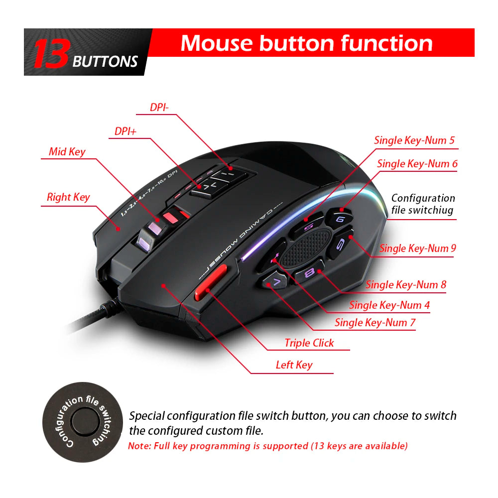 ZELOTES C13 Wired Mouse Programming Gaming Mouse 13 Keys 10000DPI RGB Light Laser Mouse for Laptop Computer PC