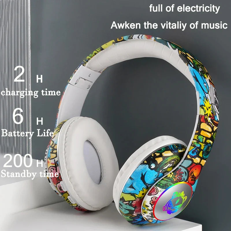 Graffiti Bluetooth Headphones Wireless LED Light Game Doodle Wireless Headsets With Mic  For Kids Boy Girl Gift Support TF Card