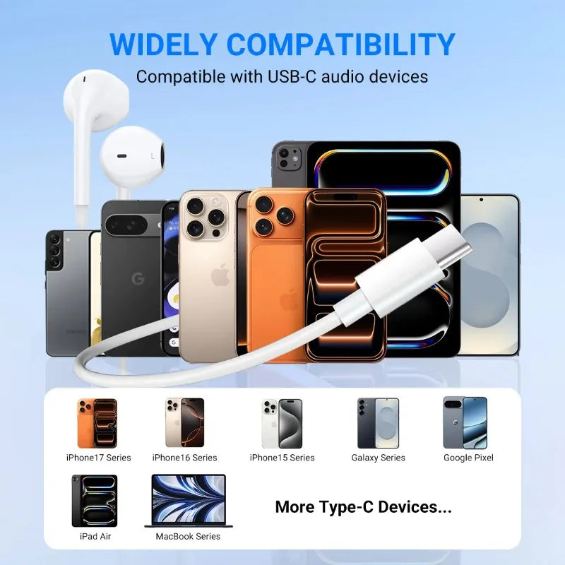 USB C Headphones for iPhone 17 16 15, Wired Type C Earphones Built-in Microphone & Volume Control, HiFi Stereo Sound Earbuds