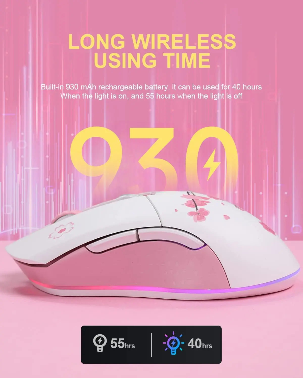 DAREU Sakura Pink Wireless Wired Gaming Mouse Dual-Mode Rechargeable 7 Buttons DPI RGB and 7 Adjustable DPI for PC Notebook Mac