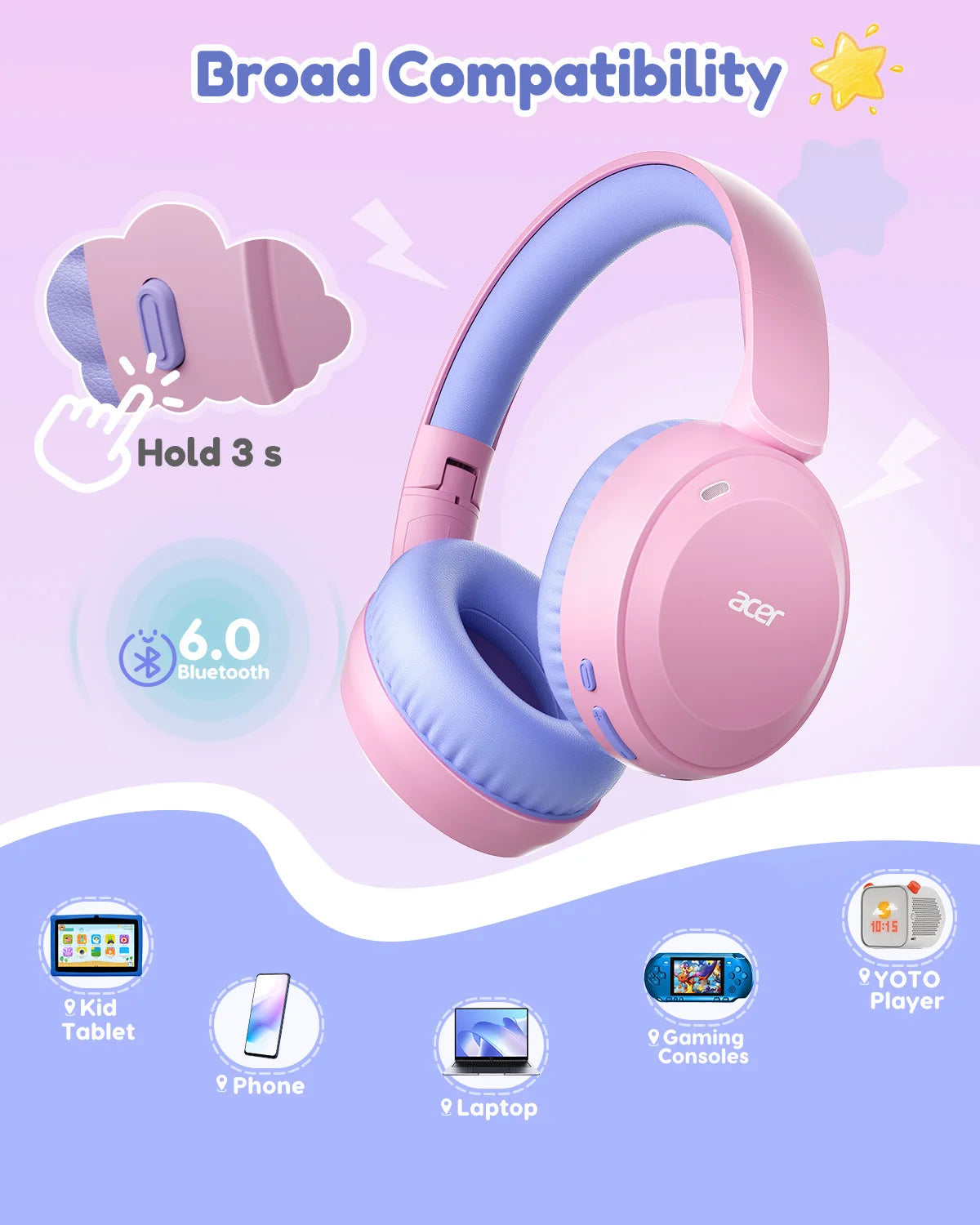 Acer Kids Bluetooth 6.0 Headphones 85/94dB Volume Limited Lightweight Over-Ear Wireless Headphones with Built-in Mic for Kids