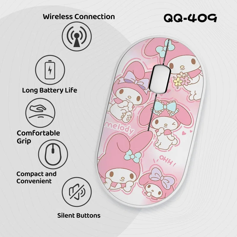 Kawaii Melody Wireless Bluetooth Mouse Cartoon Anime Design Mini Portable Mouse Silent Dual-Mode Mouse for Laptop Computer